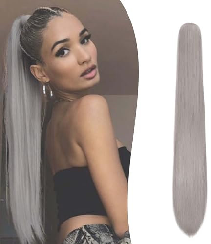 Gairyan 60cm Pferdeschwanz Haarteil Zopf Extensions Lang Glatt Klammer Claw Clip in Ponytail Extensions Synthetik Haare Extensions Gerade Haarteil Haarverlängerung für Frauen (Dunkelgrau)