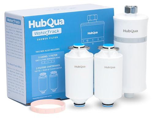 HubQua WaterTrack - Filtro Doccia Anticalcare con cartucce certificate SGS e durata x4 – Include 2 cartucce di ricambio e anello promemoria in 2 colori – Rimuove cloro, calcare e impurità
