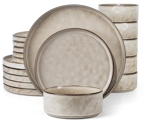 Homikit Dinner Sets for 6 People, 18-Piece Dinnerware Reactive Glaze Stoneware Set, Round Plates and Bowls for Home Kitchen, Chip & Scratch Resistant, Dishwasher & Microwave Safe, Retro Desert Khaki