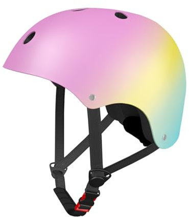 LANOVAGEAR Casco da bici per bambini dai 2 ai 14 anni, per ragazzi e ragazze adulti, casco da skateboard, multisport, leggero, per skateboard, pattinaggio, scooter (rosa, giallo, ciano, M)