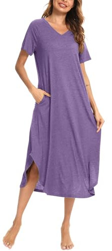 Nieery Womens Nightdresses, Cotton Ladies Nighties Long Nightgown Night Dress Sleep T-shirt Nightshirt Purple 3XL