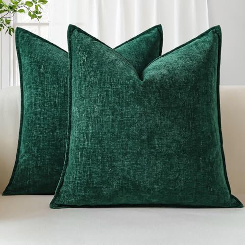 Sungeek 2er Set Chenille Kissenbezüge, Weich Dekorativ Zierkissenbezüge Umwickelte Kante Kissenbezug Dekokissen Deko Bezug Einfarbig Kissenhülle für Sofa Schlafzimmer Wohnzimmer (60x60cm, Dunkelgrün)