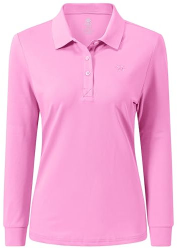 MoFiz Women's Long Sleeve Polo Shirts Lady-fit Golf Tennis Top Cotton Casual Work Golf Gym Active Sport Shirt with Buttons Pink Size US M