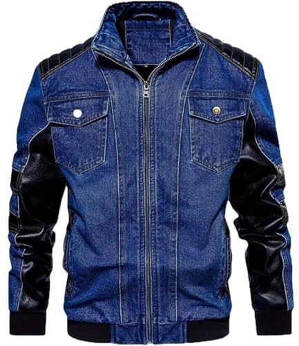 FTIMILD Herren-Jeansjacke mit PU-Leder-Patchwork, Bikerjacke mit abnehmbarer Kapuze, Jeansjacke mit mehreren Taschen, Blau, XL