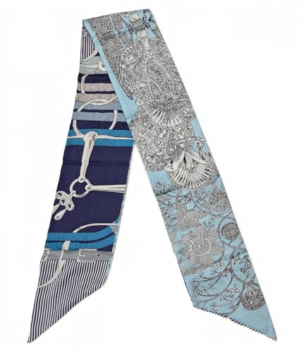 GIMIRO Satin Seidenschal 148 x 13,5 cm Krawatte Double Layer Bund für Blazer, Mantel, Kleid (95# Light Blue - White Plants - Dark Blue -Gray Belts)
