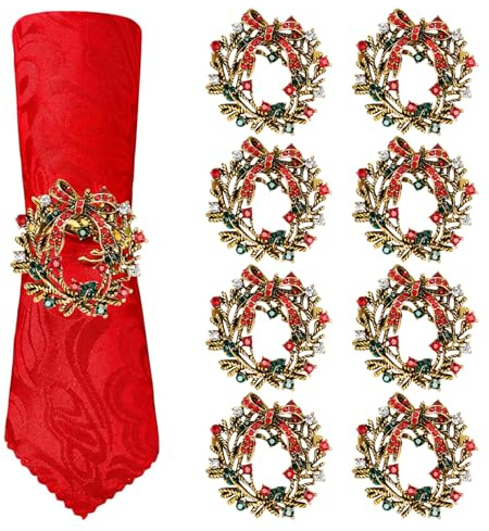 XIMEY Weihnachtskranz Serviettenringe, 8 Stück Gold Mit Strass, Metall Serviettenhalter Für Weihnachten, Hochzeiten, Partys, Abendessen Tischdekoration