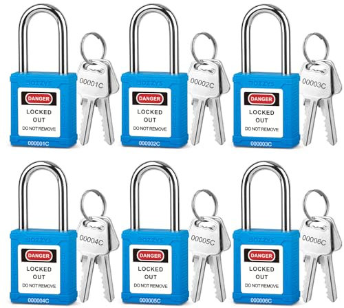 BOZZYS Cerraduras de bloqueo con etiquetado, candado loto con llave diferente, grillete de acero de 38 mm, cuerpo de plástico con codificación láser personalizada (BD-GT03KD-6PCS-azul, con llave
