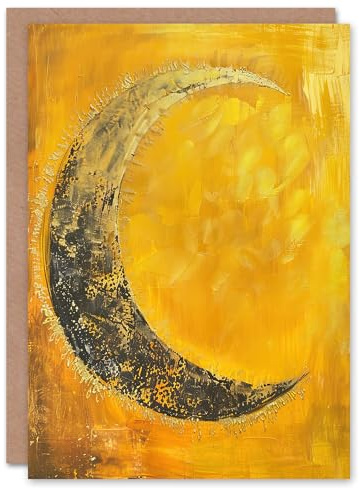 Artery8 Greeting Card Crescent Moon Orange Gold Moonlight Tassels Blank For Him Or Her Art Birthday Card