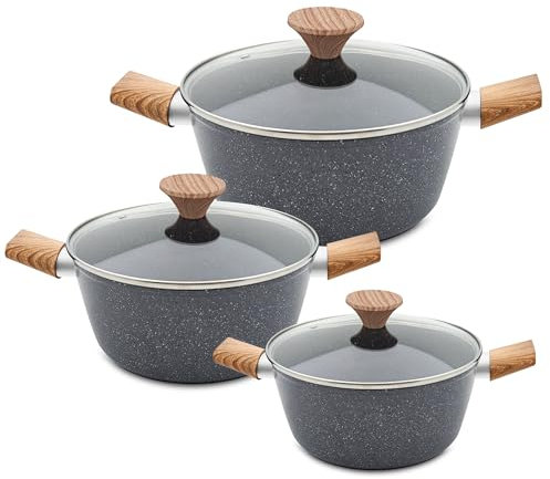 AKH HOUSEWARE Non Stick Casserole Dishes with Lid Cooking Pot 5 Layer Non-Stick Coated Casserole Dishes/Serving Dishes Induction Hob Compatibility Cookware (Grey, Set of 3)