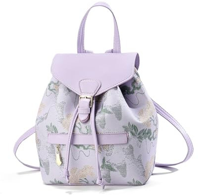 NICOLE & DORIS Mini Rucksack Damen Blumen Rucksack Damen Klein Elegant Cityrucksack Daypack PU Leder Rucksäcke Süß Mädchen Anti Diebstahl Rucksack mit Klappe Lila