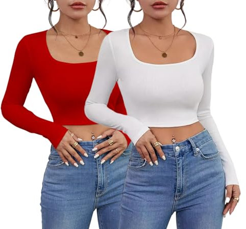 Belriviere Women 2 Pack Long Sleeve Crop Tops Casual U Neck Slim Fit Sexy Tight Fitted Going Out Basic Tee Shirt Outfit XS Red White