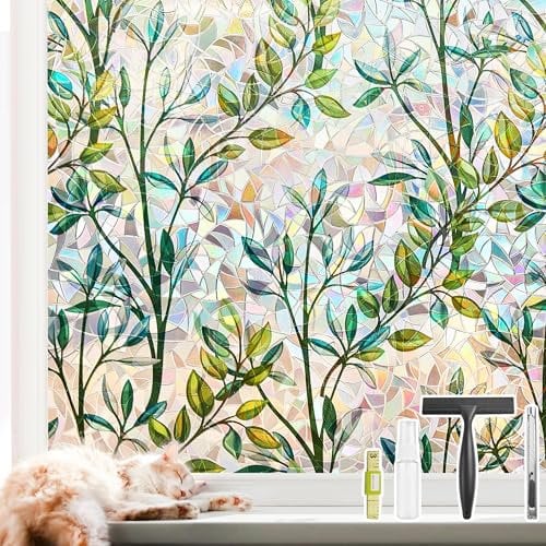 NINETREX Pellicola Privacy 3D per Finestre, Pellicola Decorativa Anti-UV per Porte Vetrate, Coprivetro Autoadesivo Statico 44,5x200cm, Design Foglie