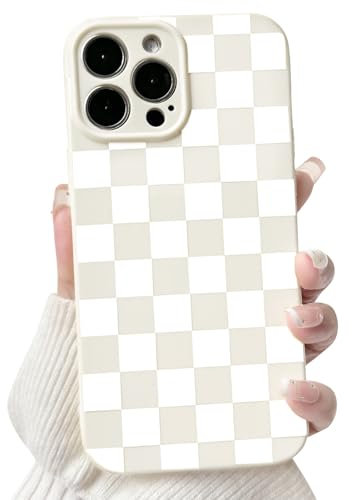 NITITOP Compatible with iPhone 14 Pro Max Case Cute Aesthetic Checkerboard Checkered Pattern for Women Girl Trendy Slim Fit TPU Silicone Shockproof Full Camera Protection Cover - White