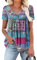 KISSMODA Womens Casual Short Sleeve Tunic Top Button up Shirt Floral Printed BlueBlocks Medium