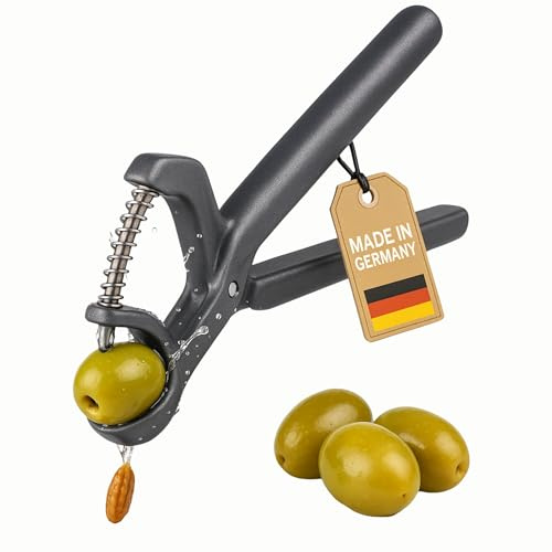 Thiru Snocciolatore d'olive Midnight Edition – Snocciolatore d'olive per olive grandi e piccole – Funzionamento con una sola mano con molla – 60 giorni di prova senza rischi – Snocciolatura rapida e