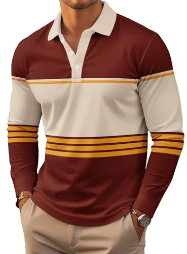 Men's Polo Shirt Long Sleeve Vintage Striped Golf Shirt Lightweight Casual Collared Shirt (UK, Alpha, M, Regular, Regular, #9)