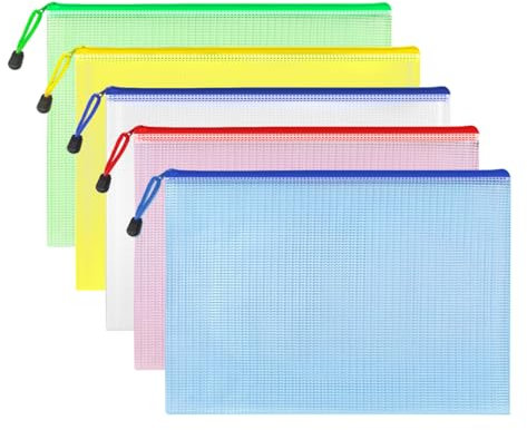 Qcdou A4 Plastic Wallets File Bags, 5 Pcs A4 Document Wallet, Document Zip Lock Bags, a4 Plastic Folders, School Supplies, Mesh File Folders for School, Office, Home and Travel