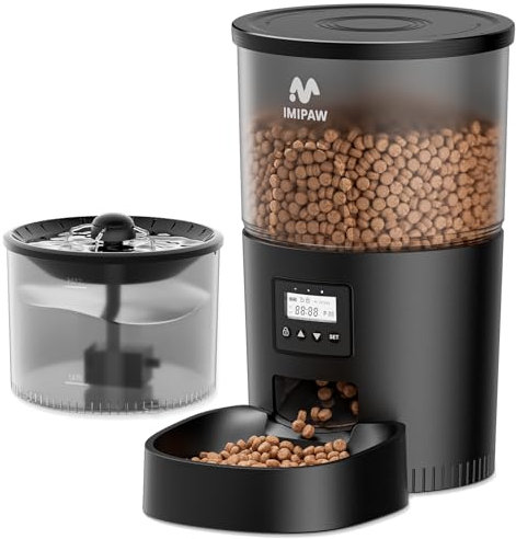 IMIPAW Comedero Gato Automatico y Fuente para Gatos Combo, Dispensador Comida para Perros, Gatos, 1-6 Comidas al Día, 1-20 Porciones por Comida, 3L Combo (Negro - Botón)