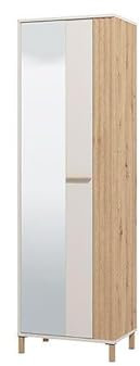 Slim Modern Wardrobe – Cashmere Taupe & Oak Effect Single Door Closet with Pull-Out Hanging Rail & 3 Shelves – Space-Saving Armoire for Small Bedrooms, Hallways & Guest Rooms