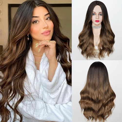 Lange Welle Braun Perücke Fasching Synthetische Perücke für Frauen Perfekt für den täglichen und besonderen Anlass verwenden, Elegant Realistische Perücke Geeignet für Party (ferrous ombre brown)