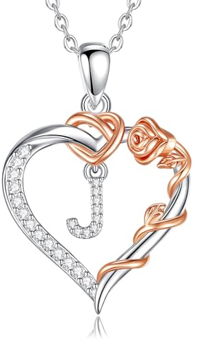 EUDORA Harmony Ball Collana con Iniziale a Forma di Cuore Placcata in Rame Rodiato con Zirconi Cubici per Donna, Ciondolo a Forma di Fiore in Oro Rosa con Lettera J Alfabeto Dalla J Regalo, 18+2