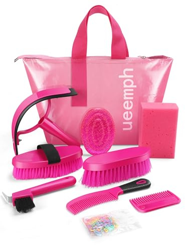 Ueemph Kit per la toelettatura dei cavalli, custodia rosa con 10 strumenti professionali per la cura equestre, spazzole, pettini, raschietto e guanti (rosa)