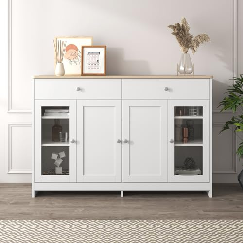 Generisch Sideboard Küchenschrank mit Arbeitsplatte,Buffetschrank mit 2 Schubladen 4 Türen,Verstellbare Ablagen,Tür mit Glas,Küchenbuffet,für Wohnzimmer Küche Esszimmer,120x37x80cm,Weiß