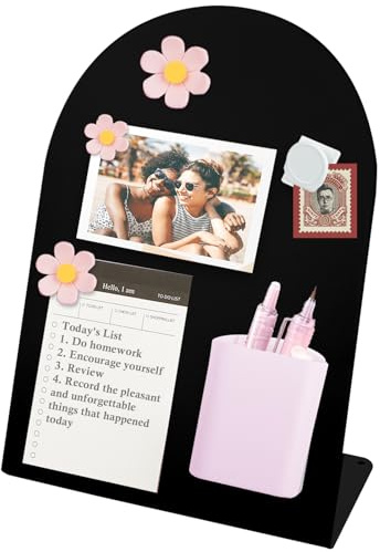 Magnettafel Memotafel, Magnetische Metalltafel für Notizen und Fotos | Magnet Board Tisch, Schwarz Magnet Display Stand mit 3 Blumen-Magnetpflaster + 1 Magnetclip + 50 Haftnotizen + 1 Stifthalter