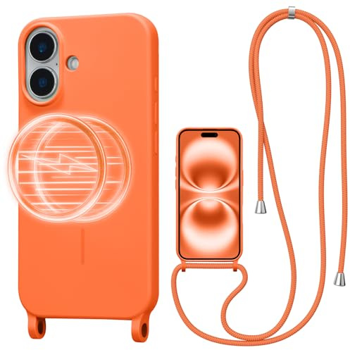 UCASONG Magnetic Case for iPhone 16 with Lanyard, Orange | Compatible with MagSafe, Crossbody Liquid Silicone Case, Soft Shockproof Protective Cover, with Adjustable Neck Cord Strap
