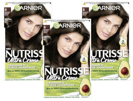 Garnier Nutrisse Dauerhafte Pflege-Haarfarbe mit nährenden Fruchtölen, Coloration mit 8 Wochen Halt, Ultra Crème Tönung, 30 Espresso Dunkelbraun, (x3)
