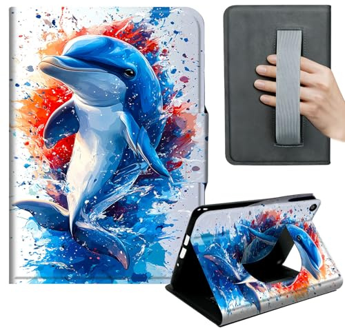 HGGJFLYX Case for Kindle Fire HD 8 (6th/7th/8th Gen, 2016/2017/2018),360 Degree Rotating Multi-Angle Viewing Stand,Hand Strap,PU Leather Tablet Cover,Auto Sleep/Wake,Colorful Splash Dolphin