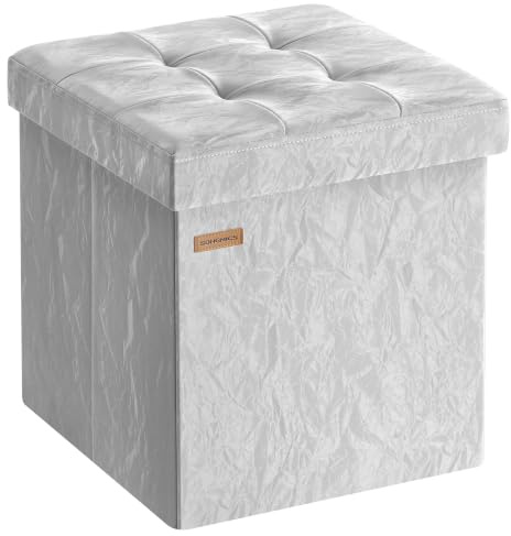 SONGMICS Sitzhocker 38 cm, faltbar, mit Deckel, PU-Leder | Aufbewahrungsbox, Fußhocker, bis 300 kg belastbar, für Eingang, taubengrau, MINOTA Kollektion LSF522GN01