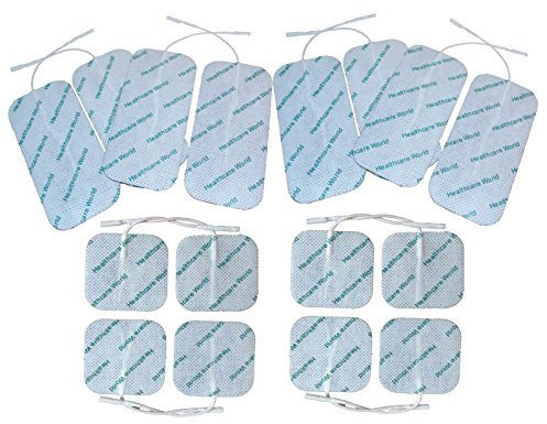 TENS/EMS Electrodes Pre-Wired Backed with High Quality Self-Adhesive Gel Combo Pack 8 Square 5 x 5 cm and 8 Large 5x10cm Healthcare World