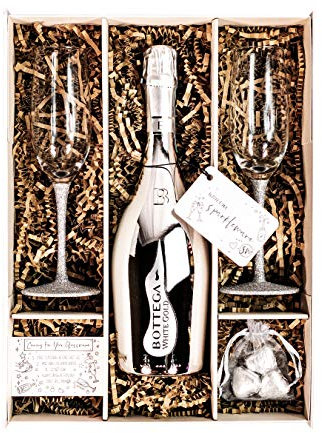 Bottega White Gold Sparkling Wine 75cl Gift Set Hamper With Matching Sparkling Silver Champagne Flutes and Gift Box - Engagement, Silver Wedding Gift for Wine Lovers (Sparkling Stems)