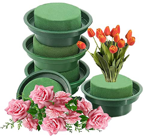Bloque de espuma floral con bandeja, 5 unidades de arreglo de flores para bricolaje, bandejas de cilindro húmedo, bloque redondo de esponja de flores con tazón para bodas y floristería, arreglos