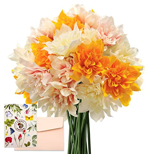 SNAIL GARDEN Künstliche Dahlien-Seidenblumen, 21 Köpfe, 3 Farben, künstliche Dahila-Blumen mit Grußkarte für Zuhause, Büro, Babyparty, Dekoration, Hochzeit, Rosa, Orange)