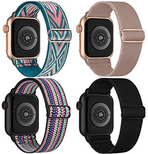 CCnutri 4 Pack Stretchy Nylon Strap Compatible with Apple Watch Straps 38mm 40mm 41mm 42mm(series 10), Adjustable Sport Elastic Bands for iWatch Series 10/9/8/7/6/5/4/3/2/1/Ultra/Ultra 2/SE