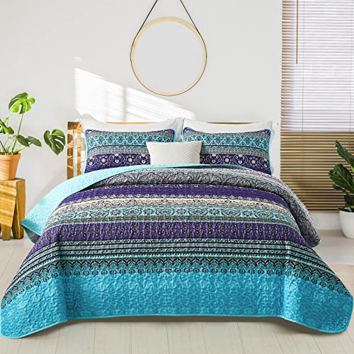 WONGS BEDDING Boho Queen-Bettwäsche-Set, blau-violett, Bohemian-Queen-Bettwäsche-Set, leichte Mikrofaser, Bettdekoration, Tagesdecke für alle Jahreszeiten, 243,8 x 228,6 cm, 3-teilig