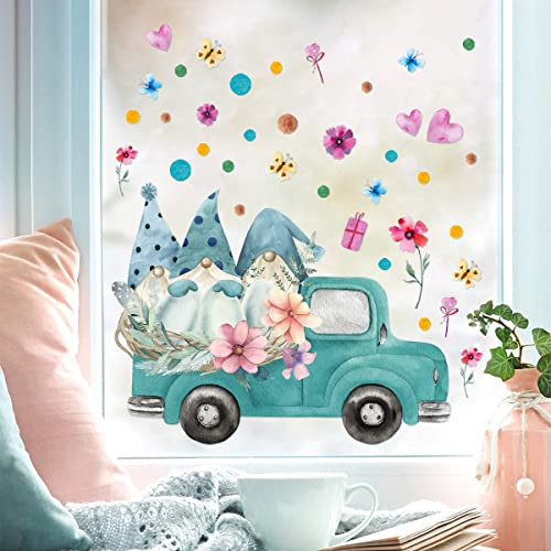 WandSticker4U®- Fensterbilder WICHTEL im AUTO selbstklebend I Fenstersticker Kinder Frühling Blumen Fensterbilder Wichtel wiederverwendbar Kinderzimmer Deko Fenster