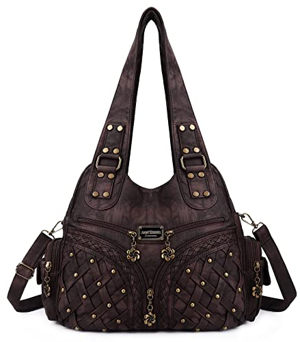 Angel Kiss Bolso de mano para mujer con tachuelas, gran capacidad, bolso bandolera para mujer con correa larga ajustable, café