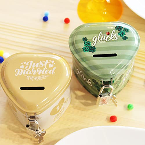 KAMACA 2er Set Geschenkbox Spardose aus Metall mit Schlüssel für Geldgeschenke kleine Geschenke Geschenkverpackung Geld Hochzeit (2er Set Geldgeschenkbox Spardose Glückskasse+Just Married)