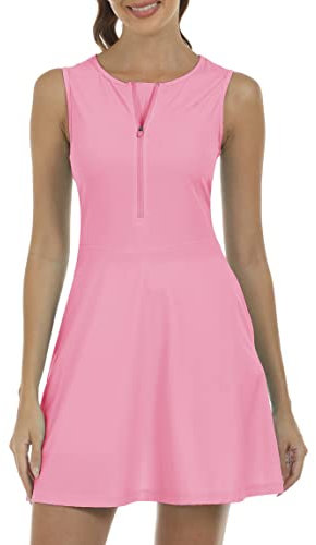 JINSHI Abiti da Tennis Donna Vestito Golf con Pantaloncini Estivo Senza Maniche Abito Sportivo Casual con 4 Tasche Rosa Taglia M