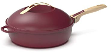 COOKUT - La Fabuleuse poêle 8 en 1 – Un seul ustensile qui remplace poêle, casserole, sauteuse - Avec 2 poignées amovibles, panier vapeur/friture, spatule en bois - RUBIS