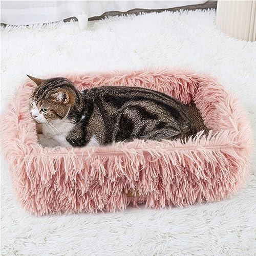 Kratzbrett Pappe mit Kratzbox für Katze,Kratzkarton Robuste Groß Katzenbett Flauschig Kratzbretter mit Wellpappe Abnehmbar Doppelseitig Verwendbar,Kratzunterlage für Möbelschutz (44×34×14cm,Rosa)