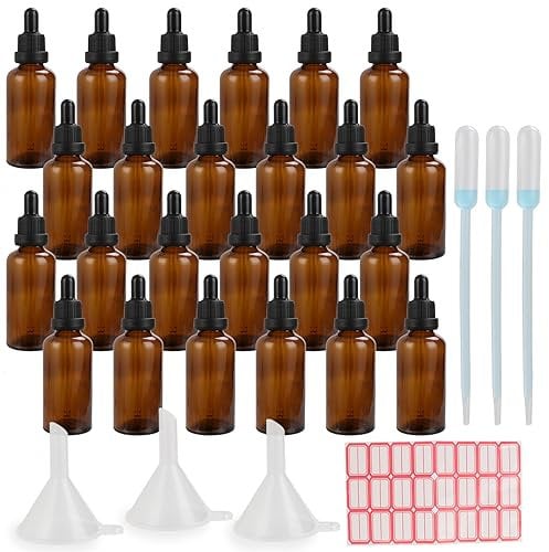 APACALI 24 PCS Pipette Dropper Bottle 50ml, Glass Dropper Bottles, Amber Glass Bottle with glass Pipette, 3 Funnels and Labels, Dropper Bottles 50ml for Storage Essential Oils, Perfumes and Cosmetics
