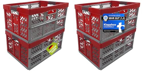 KiNDERWELT 4 x Stabile Profi-Klappboxen rot/silber mit Soft-Touch Griffen