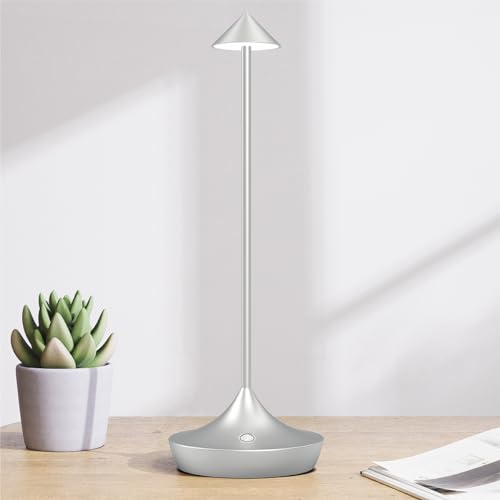 Hapfish LED Tischlampe Kabellos, Akku Tischleuchte Kabellose 6000mAh, Modern, Aluminium, Wasserdicht, Dimmbar, Tischlampen Aufladbar USB für Outdoor Nachttisch Restaurant Wohnzimmer – Silber