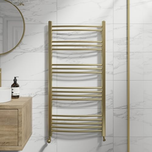 DuraTherm® 1200 x 600mm Curved Heated Towel Rail Radiator Modern Central Heating Bathroom Warmer Wall Mounted Ladder Rad, Brushed Brass