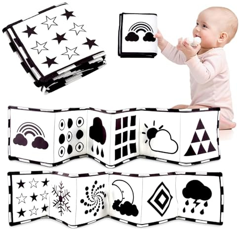 JurciCat Kontrastbuch Baby Kontrastkarten Schwarz Weiß Buch Kontrast Spielzeug Soft Bilderbuch Tierische Insektengrafiken Stoffbuch für Kleinkinder ab 0 Monate Lernspielzeug Kinderwagen Spielzeug