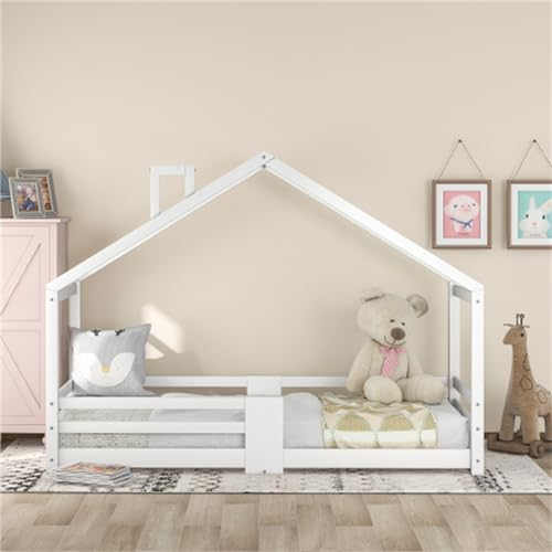 Kinderbetten mit Barriere und Kamin, 90 x 200 cm, Lattenrost, Kiefernholz, Fallschutz, geeignet für Jungen und Mädchen, Kinderbetten (Weiß)
